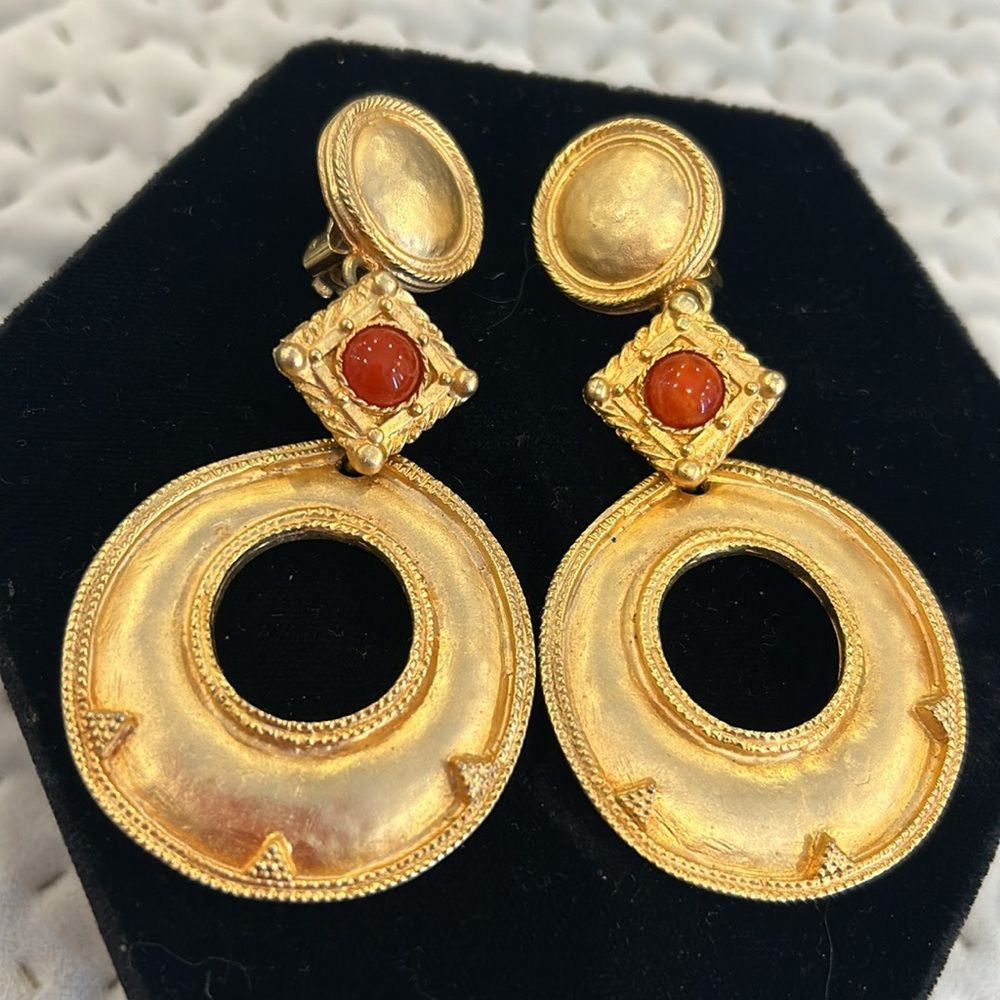 Vintage 1980s Byzantine Matte Gold Designer Earrings-Boutique